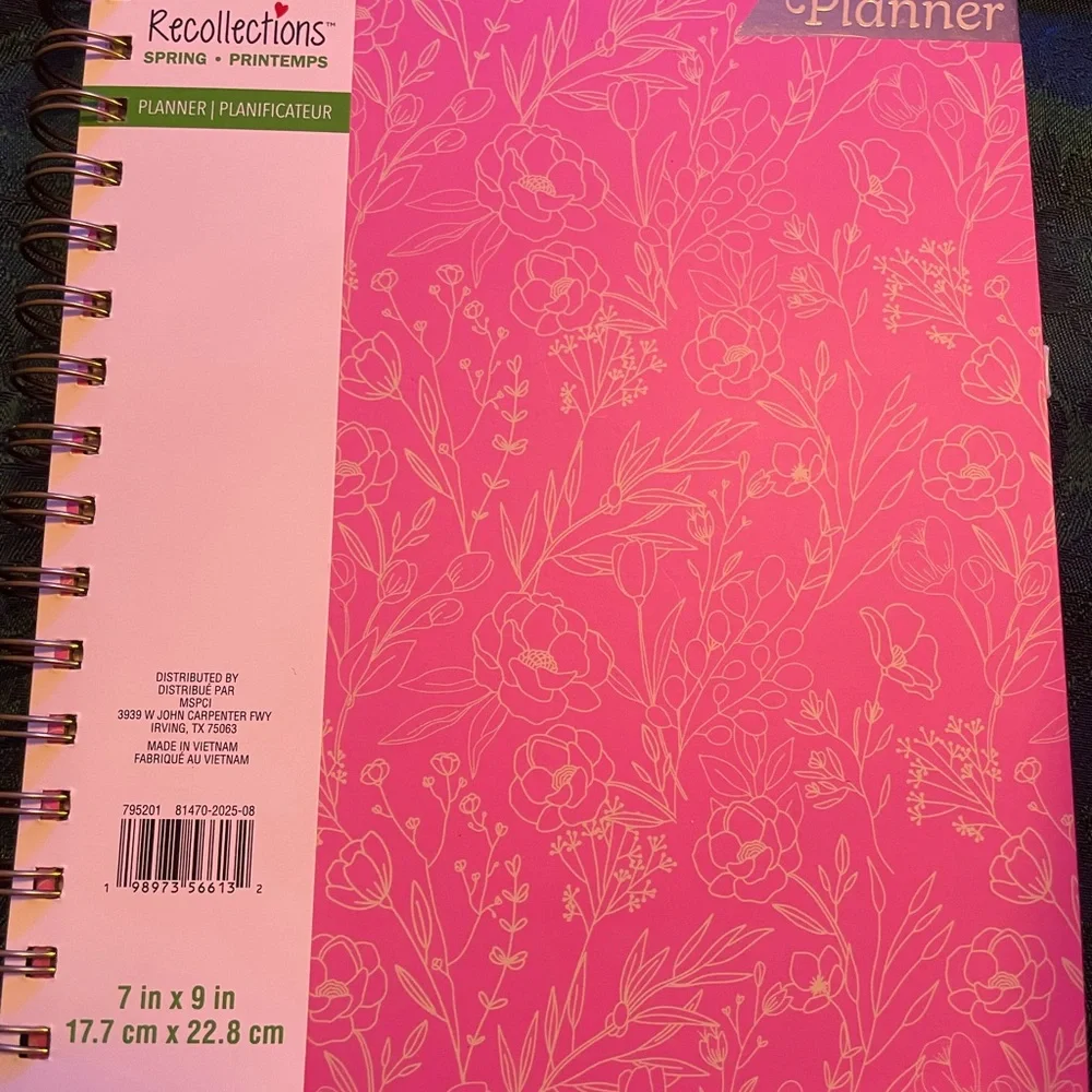 Hardcover Pink Floral Spiral 2026 Organizational Planner w/ Gold Accents,Travel